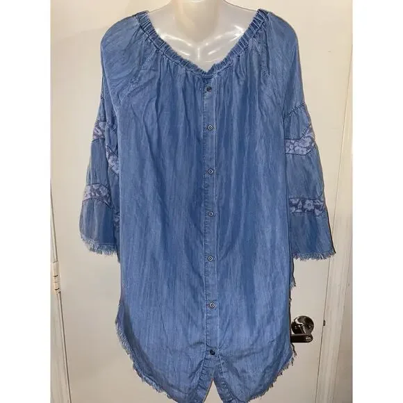 Womens Standard Grace M Embroidered Sleeve Chambray Top - Picture 5 of 8